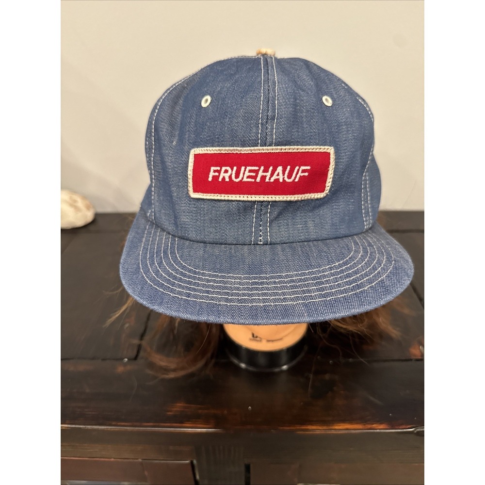 VTG 70s 80s Fruehauf Blue Denim Patch USA Trucker‎ Snapback Hat Cap OSFM